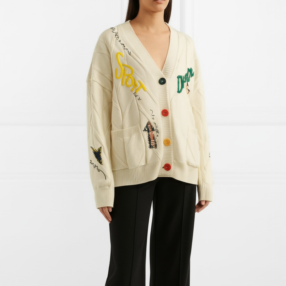 Womens Cardigan Size Cream Oversize Varsity Patchwork Embroidery Whimsical Retro - Picture 3 of 12
